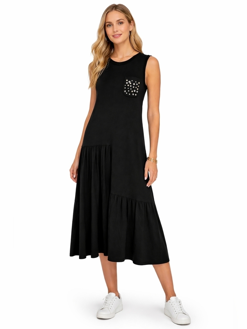 V by Violet Weekend Black Sleeveless Dress Studded Pocket Stretch  Midi Size S.